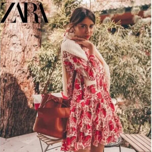 Zara Floral Tiered Babydoll 3/4 Sleeve Dress Red Pink Size XS